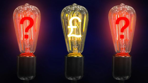 The concept of falling exchange rates pounds. Money making idea. Light bulb with Pound sterling  symbol.