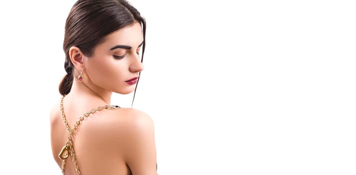 Portrait of nice young gorgeous woman on white backgrounds. To a lots of copy space.