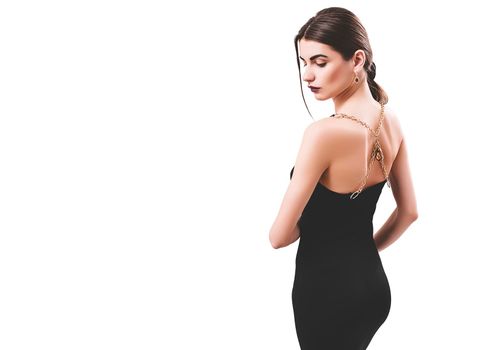 Portrait of nice young gorgeous woman on white backgrounds. To a lots of copy space.