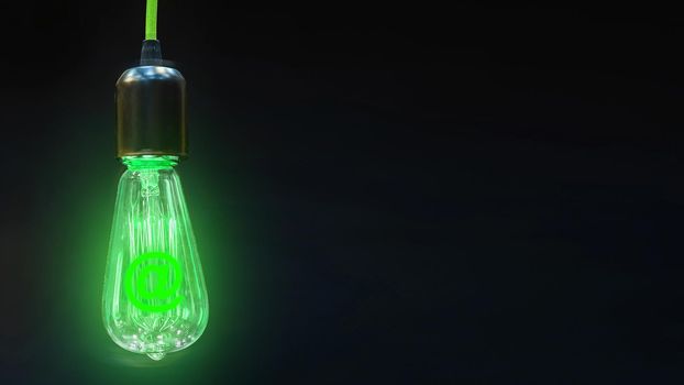 Bulb with glowing at mark inside of it, creativity concept.