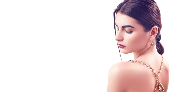 Portrait of nice young gorgeous woman on white backgrounds. To a lots of copy space.