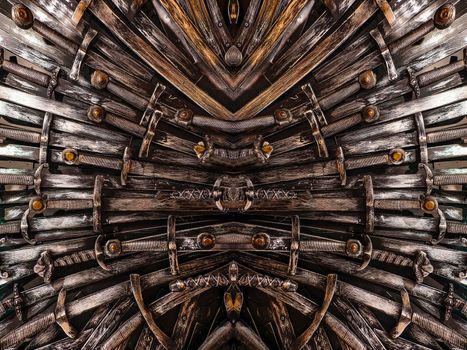 Metal knight swords background. Close up