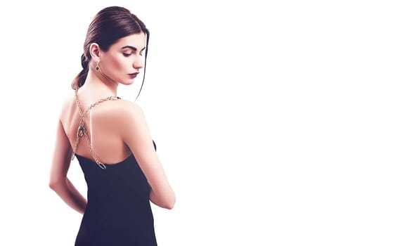 Portrait of nice young gorgeous woman on white backgrounds. To a lots of copy space.