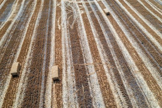 Aerial view of hay bales on the field after harvest.