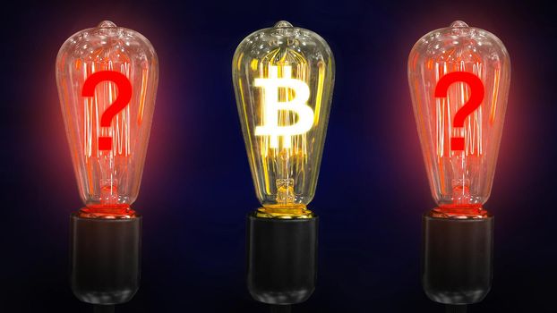 The concept of falling currency rates bitcoin. The sign of the crypto bitcoin currency is inside of the retro lamps.