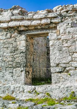 Ancient Tulum ruins Mayan site with temple ruins pyramids and artifacts in the tropical natural jungle forest palm and seascape panorama view in Tulum Mexico.