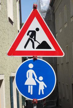 Warning signs, road works and pedestrian area traffic sign