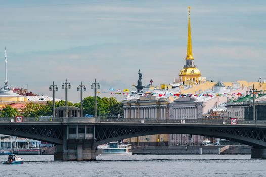 golden spire of the main building of the Admiralty in St. Petersburg, Russia. High quality photo