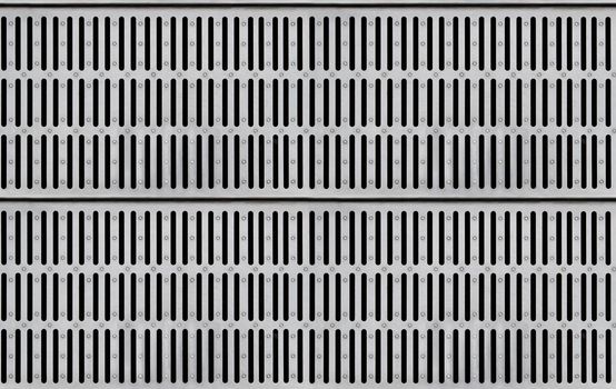 Seamless texture of silver-colored metal grate for water drain with long slits. Top view