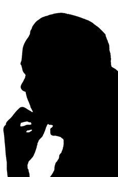 Silhouette of a woman supporting her head with her hand.