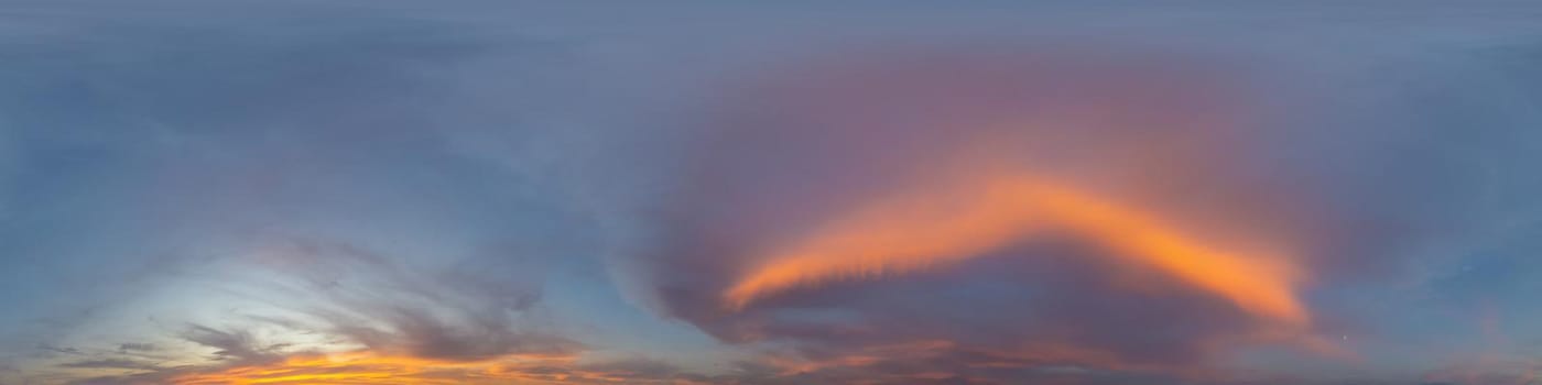 Dark blue sunset sky panorama with pink Cumulus clouds. Seamless hdr 360 pano in spherical equirectangular format. Full zenith for 3D visualization, game, sky replacement for aerial drone panoramas
