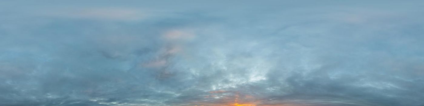 Dark blue twilight sky panorama with Cumulus clouds. Seamless hdr 360 panorama in spherical equiangular format. Full zenith or sky dome for 3D visualization, sky replacement for aerial drone panoramas