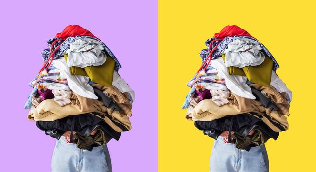 set of two photographs on yellow and purple background. close-up, a young woman holds in her hands a large pile of colored crumpled clothes. The girl's head is not visible, copy-paste for your design
