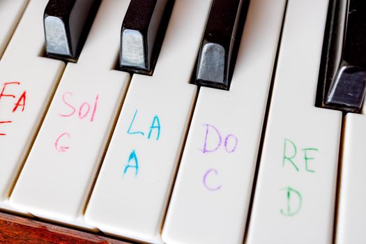 close-up of piano keys black and white. They drew notes on the piano with a felt-tip pen to teach children music The concept of teaching music at school, beginners, the correct positioning of the hand