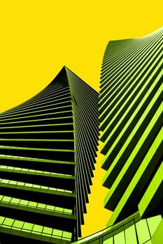 Wide angle abstract background view of steel bright green high rise glass skyscraper commercial building. against the background of a yellow sky. industrial architecture