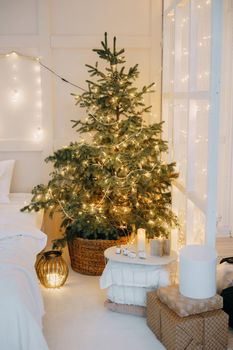 Decorated mirror and live Christmas tree with lights. New year's interior, festive atmosphere, decor, garlands, gifts.