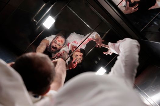 Walking dead evil corpses in elevator having bloody wounds and hunting people in company office. Brain eating devil zombie monsters chasing victims, creepy terror eerie massacre.