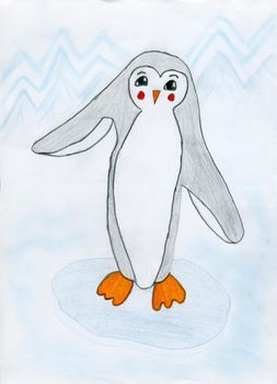 Children's drawing of a small penguin with a black back and orange paws. The child drew a penguin with colored pencils.