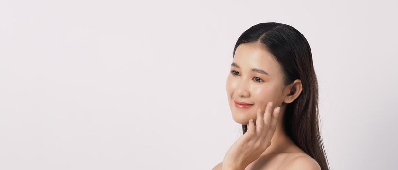 Beauty and skin concept. Beautiful young asian woman with clean fresh skin on white background. Face care Facial treatment Cosmetology beauty and spa concept. Beauty Korean looking. Asian women.