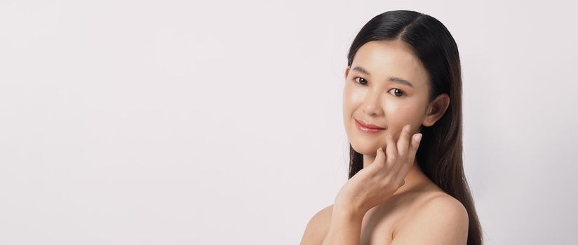 Beauty and skin concept. Beautiful young asian woman with clean fresh skin on white background. Face care Facial treatment Cosmetology beauty and spa concept. Beauty Korean looking. Asian women.