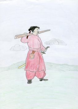 Children's drawing of a Cossack in Ukrainian traditional clothes.