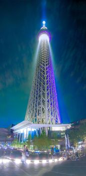 Night view of the lighted up Tokyo Sky Tree. Shooting Location: Tokyo metropolitan area