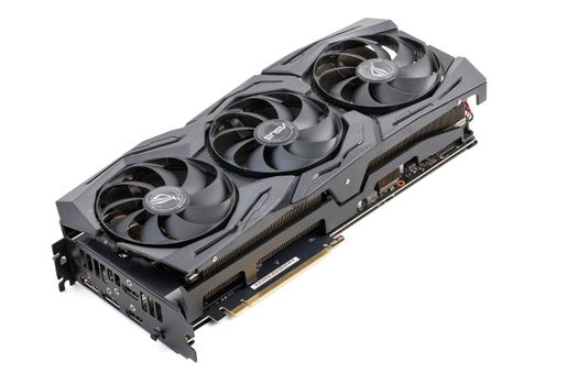 Asus ROG Strix Advanced Nvidia RTX 2070 super - big black contemporary gaming graphics card isolated on white background in Tula, Russia, - July 27, 2022
