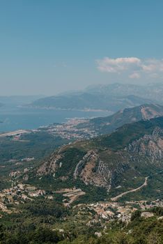 Beautiful nature mountains landscape. Kotor bay, Montenegro. Views of the Boka Bay, with the cities of Kotor and Tivat with the top of the mountain, Montenegro.