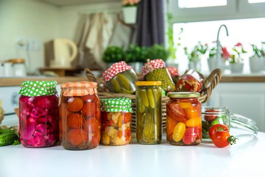 Jars with preserved vegetables for the winter. Selective focus. Food.