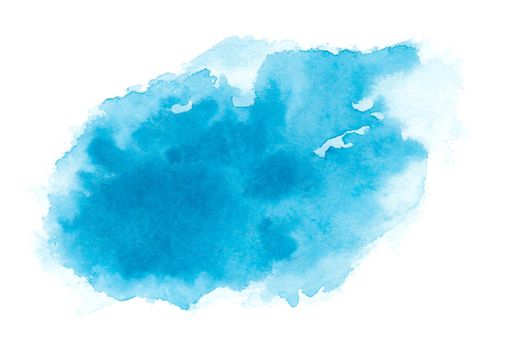 Abstract blue watercolor splash texture isolated on white background. Bright sky paint stain drops. Abstract illustration, banner, poster for text, decoration element