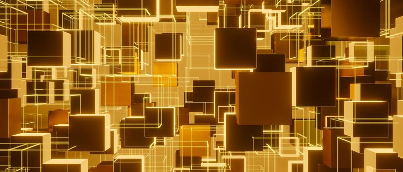 Abstract yellow geometric background design glowing cubes 3D