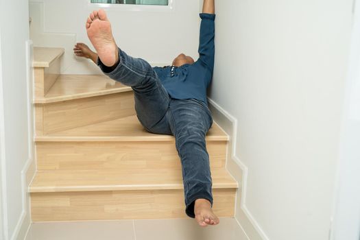 Asian lady woman patient fall down the stairs because slippery surfaces