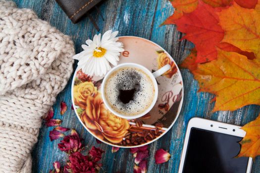 autumn, layout, cup, coffee, yellow, table, orange, leaves, records, blog, knitted, sweater, notebook, smartphone, pen, workplace, top, view, petals, rose, dry, tree, background, flat lay