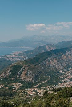 Beautiful nature mountains landscape. Kotor bay, Montenegro. Views of the Boka Bay, with the cities of Kotor and Tivat with the top of the mountain, Montenegro.