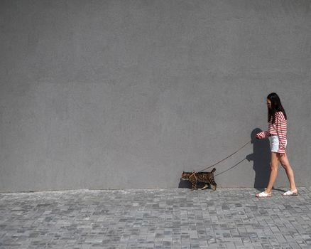 A young woman walks with a gray tabby cat on a leash against a gray wall