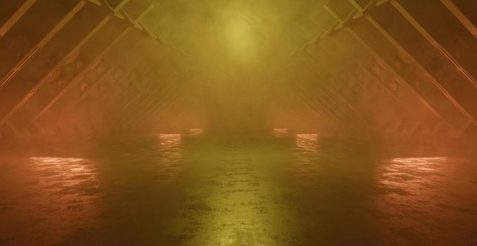 Fantasy Magical Basement Hangar Corridor Warehouse Club Dance Studio Showroom With Light And Smoke Foggy Scene Copper Brown or Yellow Banner Background 3D Rendering