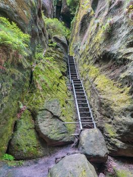 View metal stairs of the Staircase or Heilige Stiege, the view leads to tourist trails. Germany, Saxony, Elbe Sandstone Mountains, Bad Schandau and Schmilka region