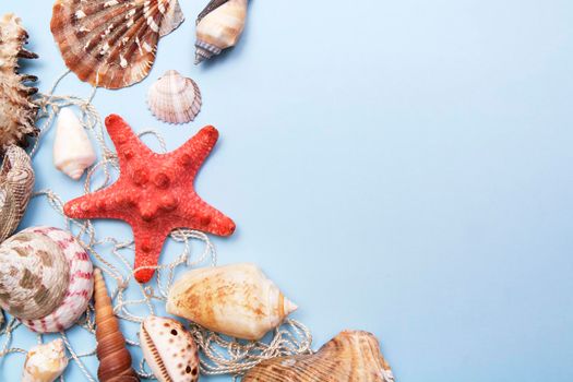 Top view of a starfish, shells on a fishing net on a blue background with a mine space. Summer, sea, vacation background