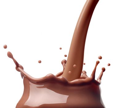 close up of a chocolate milk splash on white background