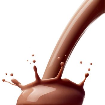 close up of a chocolate milk splash on white background