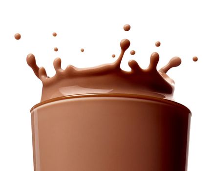 close up of chocolate milk splash on white background