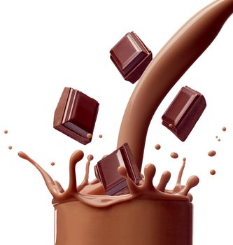 close up of a chocolate milk splash on white background