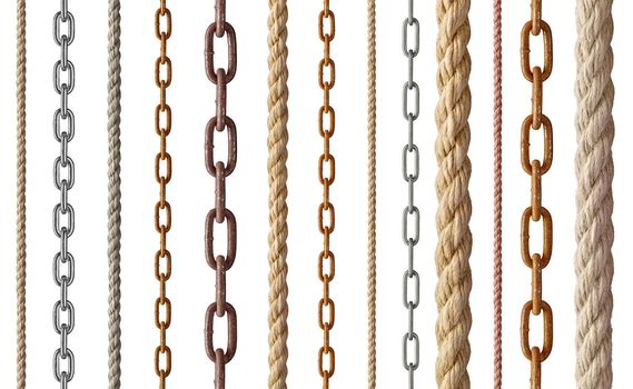 collection of various rope and chain on white background. each one is shot separately