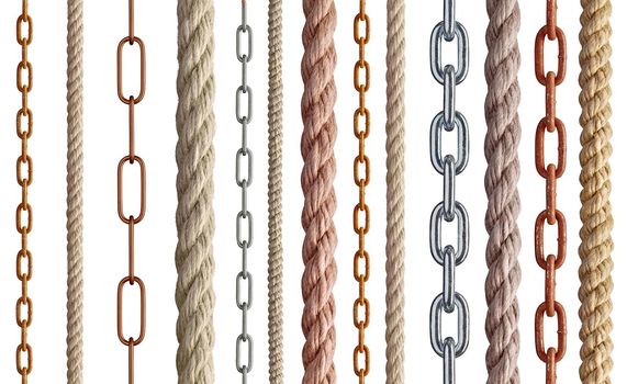 collection of various rope and chain on white background. each one is shot separately