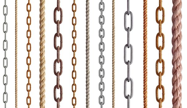 collection of various rope and chain on white background. each one is shot separately