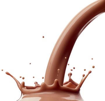 close up of a chocolate milk splash on white background