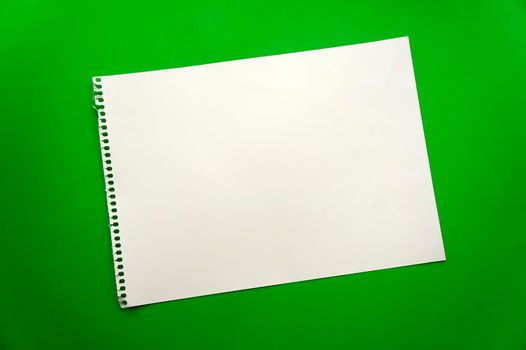 Blank sheet of paper space for design and lettering on a beautiful green background blue pencils. Perforated sheet torn from notepad obliquely lying on the surface. Square sheet of paper. copyspace