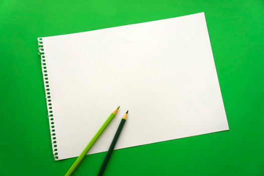 Blank sheet of paper space for design and lettering on a beautiful green background blue pencils. Perforated sheet torn from notepad obliquely lying on the surface. Square sheet of paper. copyspace