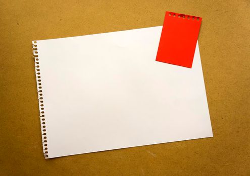 Blank sheet of paper space for design and lettering on a beautiful craft background red notepad sheet. Perforated sheet torn from notepad obliquely lying on the surface. Square sheet of paper copyspace