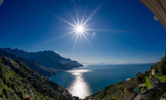 Aerial view of Ravello with comfortable beach and blue sea on Amalfi Coast in Campania, Italy. Amalfi coast is popular travel and holiday destination in Europe.Beautiful sun rise.